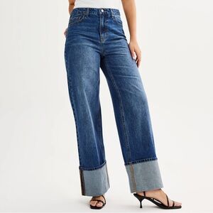 High waisted dark wash cuff jeans